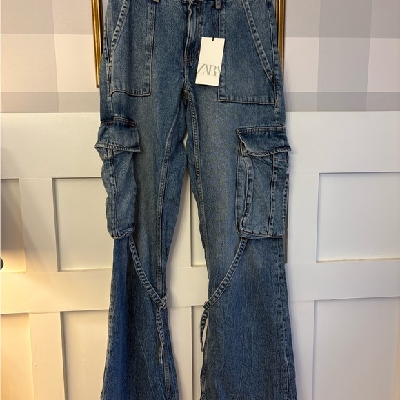 Zara Women's Cargo Flare Blue Jeans Size 4 - Picture 2 of 7